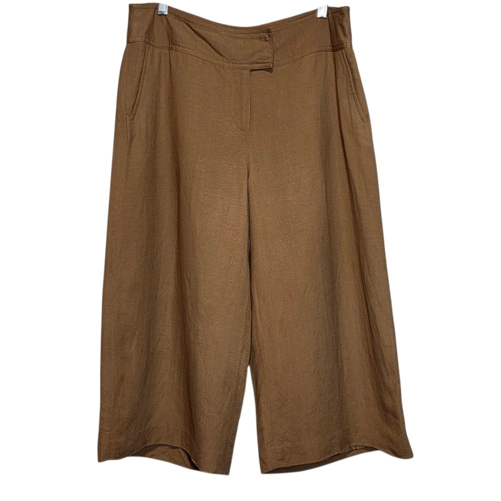 David N Wide Leg Cropped Pants Tan Linen Blend Womens 12 Natural Earthy Minimal